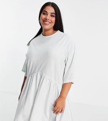 ASOS DESIGN Curve oversized mini smock dress with dropped waist in sage and white stripe-Green