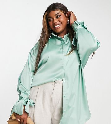 ASOS DESIGN Curve oversized satin shirt with tie cuff detail in jade green