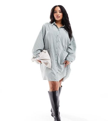 ASOS DESIGN Curve oversized shirt dress with dropped pockets in green stripe-Multi