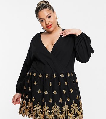 ASOS DESIGN Curve oversized wrap dress with gold cutwork embroidery detail in black