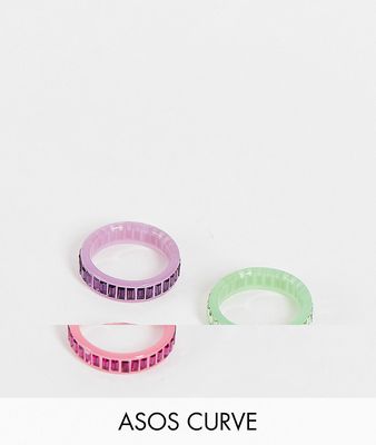 ASOS DESIGN Curve pack of 3 plastic rings with colored baguette crystals-Multi