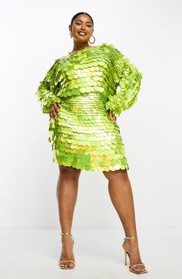 ASOS DESIGN Curve Paillette Sequin One-Shoulder Long Sleeve Minidress in Light Green