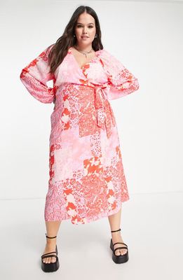 ASOS DESIGN Curve Paisley Faux Wrap Midi Dress in Pink Multi