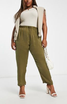 ASOS DESIGN Curve Peg Leg Satin Trousers in Khaki