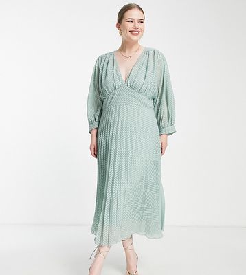 ASOS DESIGN Curve pleated batwing midi dress in chevron texture in green-Pink