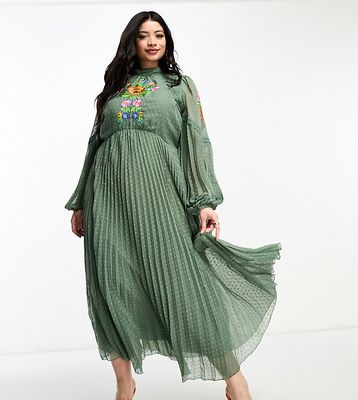 ASOS DESIGN Curve pleated lace insert embroidered maxi dress in khaki-Green