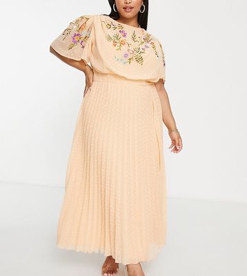 ASOS DESIGN Curve pleated textured cowl front embroidered midi dress with belt in coral-Orange