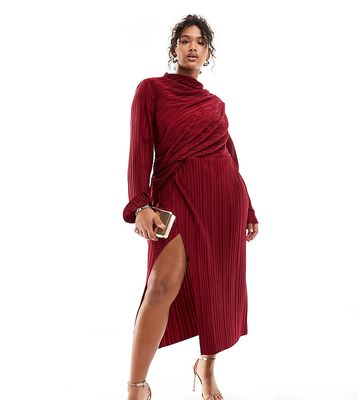 ASOS DESIGN Curve plisse cut out wide sleeve and side twist midi dress in wine-Multi