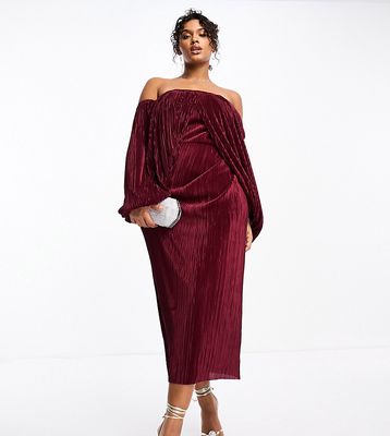 ASOS DESIGN Curve plisse overlay midi dress with open back detail in wine-Red