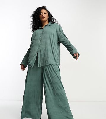 ASOS DESIGN Curve plisse wide leg pants in khaki -set-Green