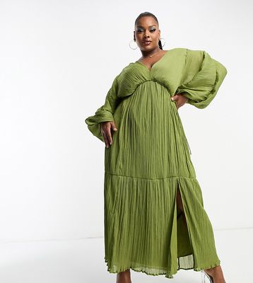 ASOS DESIGN Curve Premium micro pleated batwing trapeze maxi dress in khaki-Green