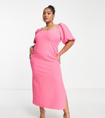 ASOS DESIGN Curve puff sleeve midi dress with asym neck line in hot pink