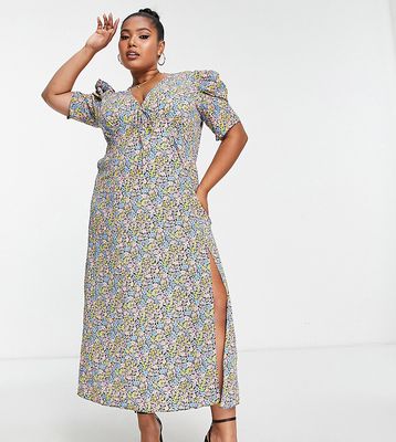 ASOS DESIGN Curve puff sleeve midi tea dress in multicolored floral print