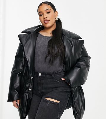 ASOS DESIGN Curve puffer faux leather coat with cinch belted detail-Black