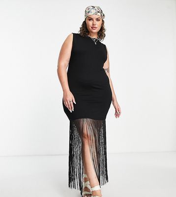 ASOS DESIGN Curve racer front tank midi dress with fringe in black