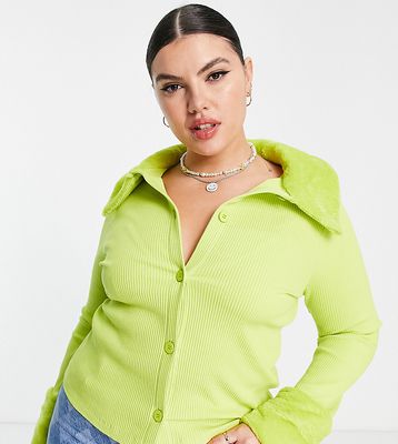 ASOS DESIGN Curve ribbed cardigan with faux fur collar in lime-Green