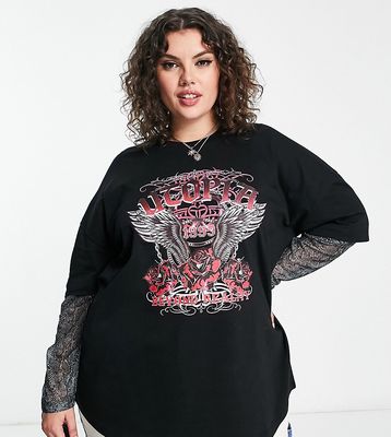 ASOS DESIGN Curve rock tee with mesh insert snake print sleeves graphic-Black