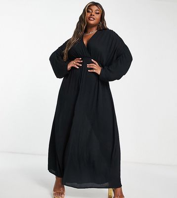 ASOS DESIGN Curve ruched long sleeve plunge beach maxi dress in black