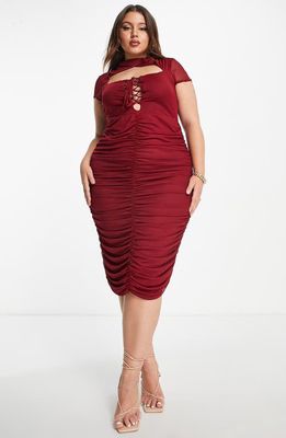 ASOS DESIGN Curve Ruched Mesh Cutout Bodycon Dress in Red