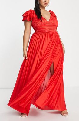 ASOS DESIGN Curve Ruffle Cap Sleeve Pleated Gown in Red