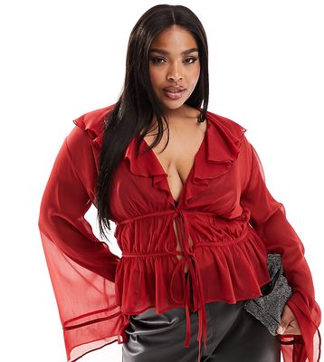 ASOS DESIGN Curve ruffle chiffon blouse with ties in red