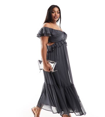 ASOS DESIGN Curve ruffle cut out off the shoulder midi dress in charcoal-Gray