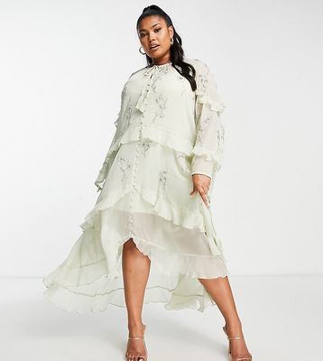 ASOS DESIGN Curve ruffle midi dress with floral embellishment and tie details-Green
