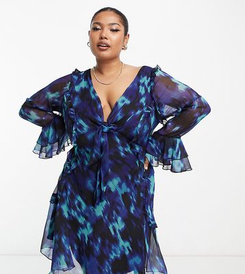 ASOS DESIGN Curve ruffle tie front plunge mini dress with ruffle sleeves in black and blue abstract print