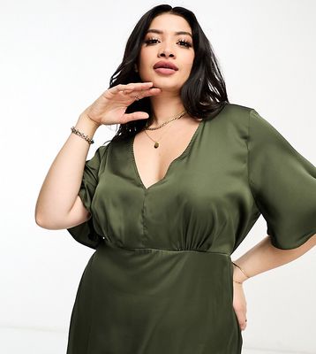 ASOS DESIGN Curve satin angel sleeve mini tea dress in khaki-Green