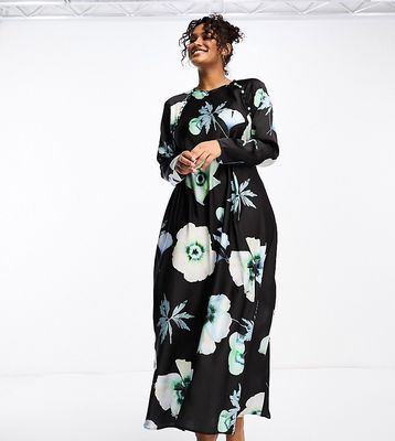 ASOS DESIGN Curve satin biased maxi dress with button detail in black based floral print-Multi