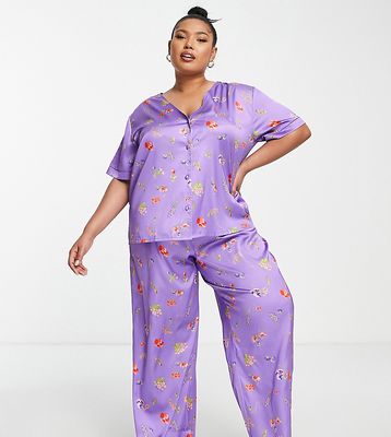 ASOS DESIGN Curve satin floral collarless shirt & pants pajama set in purple