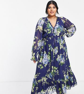 ASOS DESIGN Curve satin midi dress with blouson sleeve and button detail in navy floral print-Multi
