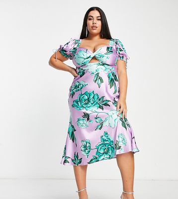 ASOS DESIGN Curve satin midi tea dress with twist front in lilac and green floral print-Multi