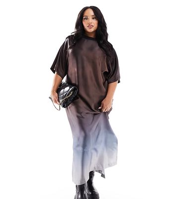 ASOS DESIGN Curve satin oversized midi tshirt dress in chocolate ombre-Multi