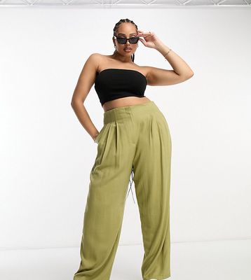 ASOS DESIGN Curve seamed waist pant with linen in olive-Green