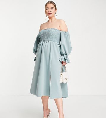ASOS DESIGN Curve shirred bardot blouson sleeve prom midi dress in gray blue