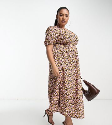 ASOS DESIGN Curve shirred waist midi tea dress with volume sleeve in ditsy print-Multi