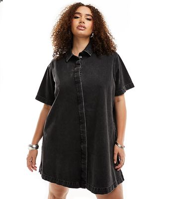 ASOS DESIGN Curve short sleeve denim shirt dress in wash black