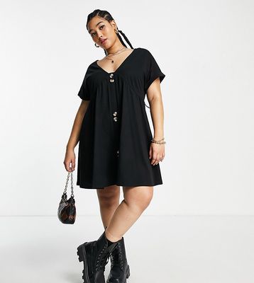ASOS DESIGN Curve short sleeve mini smock dress with large button detail in black