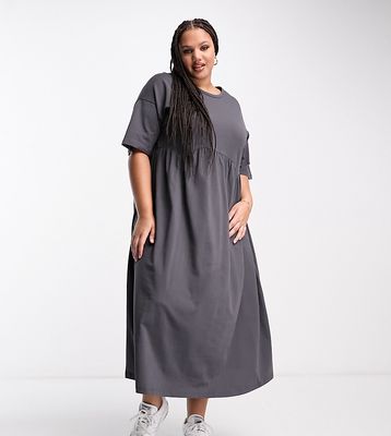 ASOS DESIGN Curve short sleeve smock midi dress with seam detail in charcoal-Multi