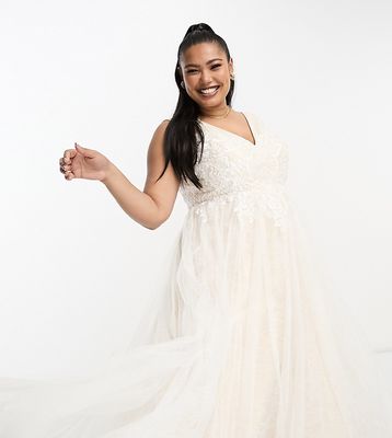 ASOS DESIGN Curve Sienna bead and embroidered plunge bodice wedding dress with lace underlay in ivory-White