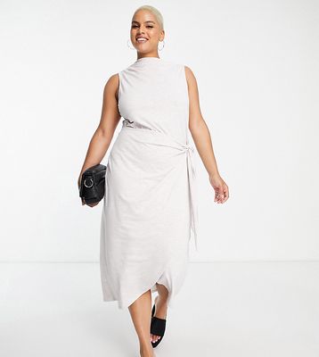 ASOS DESIGN Curve sleeveless sarong wrap midi dress with high neck in oatmeal-Neutral