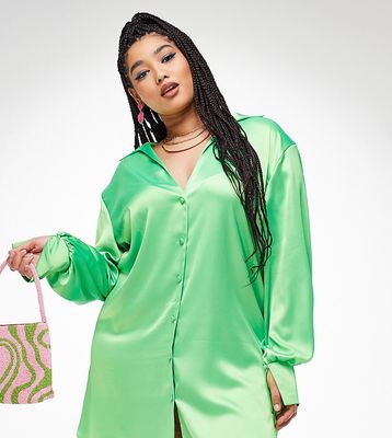 ASOS DESIGN Curve slouchy satin plunge shirt mini dress in green