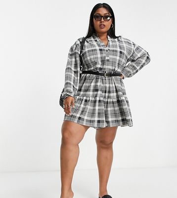 ASOS DESIGN Curve smock button up romper with belt in mono plaid-Multi