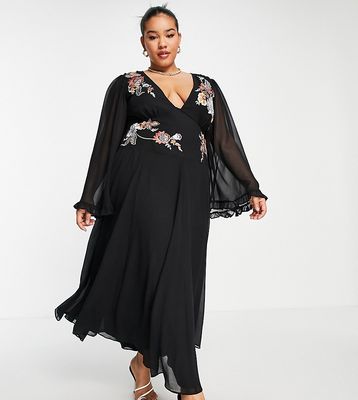 ASOS DESIGN Curve soft embroidered godet midi skater dress with flared sleeves in black