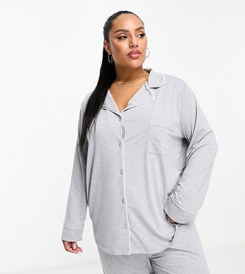 ASOS DESIGN Curve soft jersey long sleeve shirt & pants pajama set with contrast piping in gray heather