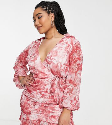 ASOS DESIGN Curve soft wrap mini dress with balloon sleeves in floral print-Multi