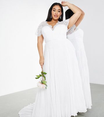 ASOS DESIGN Curve Sophia plunge lace wedding dress with pleated skirt in ivory-White