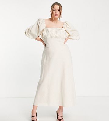 ASOS DESIGN Curve square neck midi dress with elastic detail in linen in beige-Neutral