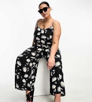 ASOS DESIGN Curve strappy culotte jumpsuit in large daisy print-Multi